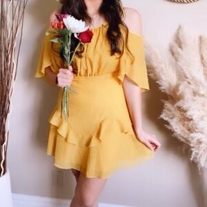 HALSTON Spring Yellow Ruffle Midi Dress Size 4